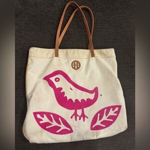 Tory Burch Cream and Pink Bird Tote